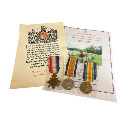 First World War Casualty 1914 - 15 Star named to 21778 PTE. A. J. Kemp. Yorks. L. I., War and Victory medals (naming erased),