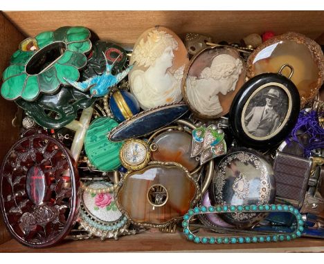 Victorian and later cameo brooches, agate brooches, gold plated pocket watch, pair of plated grape scissors, other antique an