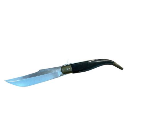 Large 20th century Spanish folding Navaja knife with 16.5cm clip point, six position, rachet blade stamped Nox Arco Albacete.