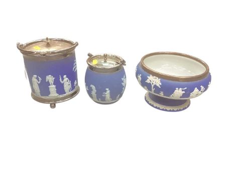 Three items of Wedgewood Jasperware to include a biscuit barrel, a preserve pot and a salad bowl on pedestal foot, all with s