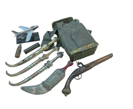 Group of assorted Militaria to include field telephone set, model aircraft, eastern knives and sundries (1 box).