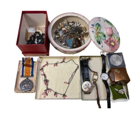 Group of costume jewellery, wristwatches and a First World War medalFirst World War medal named to- K.37456 J.W. DAWSON. STO.