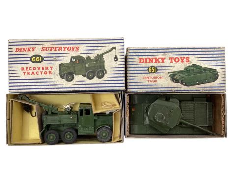 Dinky Supertoys military diecast Centurion Tank No.661, Dinky Toys Recovery Tractor No.651 &amp; Tank Transporter No.660, all