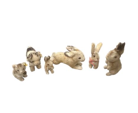 Steiff small mohair toys, two kittens and two rabbits plus another mohair bunny probably Steiff (small hole in left ear but n