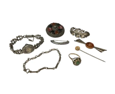 9ct gold dress ring, silver brooches, Miracle hardstone brooch, white metal bracelet, Victorian stick pin and a Rotary marcas