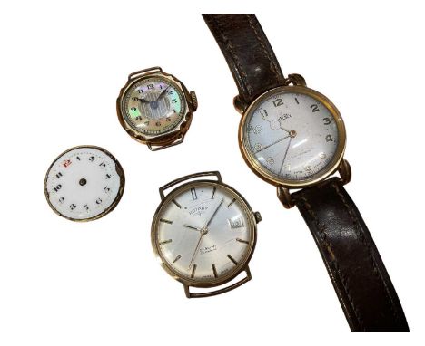 1940s Trebex gold cased wristwatch with fancy lugs on brown leather strap, 1970s Rotary gold cased calendar wristwatch, vinta