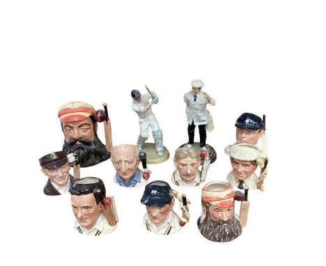 Nine Royal Doulton character jugs - W.G. Grace D7032, Dennis Compton D7076, Jack Hobbs D7131, Len Hutton D6495, Ian Botham D7