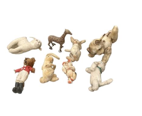 Group of mohair soft toys including Huntsman Fox, rabbits, kittens etc, some jointed some swivel heads, some possibly Steiff.