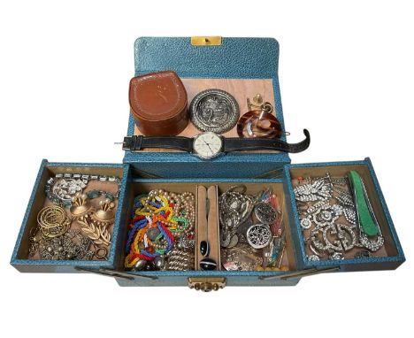 Jewellery box containing vintage costume jewellery including paste set, beads, Mondia wristwatch, one gold cufflink, one gold