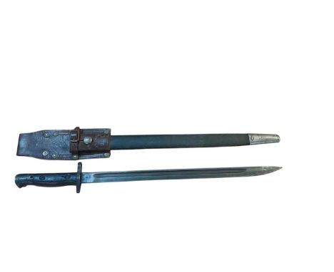 First World War British 1907 Pattern bayonet with steel blade by Sanderson in steel mounted leather scabbard with frog.