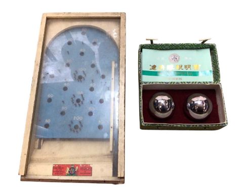 Chad Valley vintage pin ball game, Texas Instruments Speak &amp; Spell, Puck Monster digital game and Chinese Health Balls