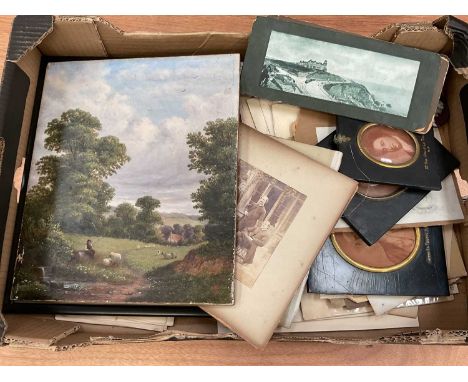 Sundry loose prints and paintings, including an etching of Thomas Carlyle after Helen Allingham, bookplates, etc