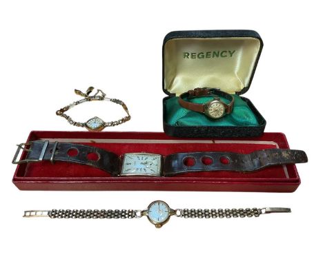 Three vintage 9ct gold cased ladies' wristwatches, two on 9ct gold bracelets, one on a leather strap, together with an Audax 