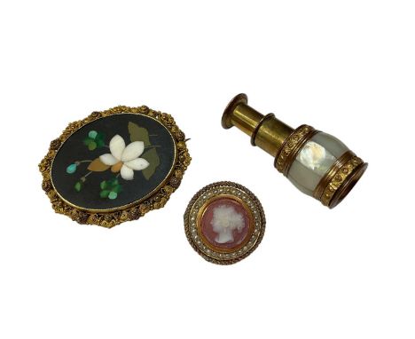 19th century pietra dura brooch in yellow metal filigree mount, 45mm x 37mm overall, 19th century carved hardstone cameo and 