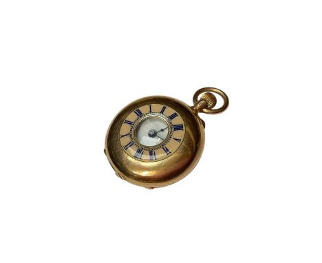 Continental 14ct gold half hunter fob watch with enamel bezel to the outer case, 33mmTotal weight 27.4 grams.The outer cover 