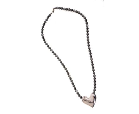 Georg Jensen haematite bead and silver heart shaped pendant necklace, no. 247B (London 2002) 61cm long, boxedHeart dimensions