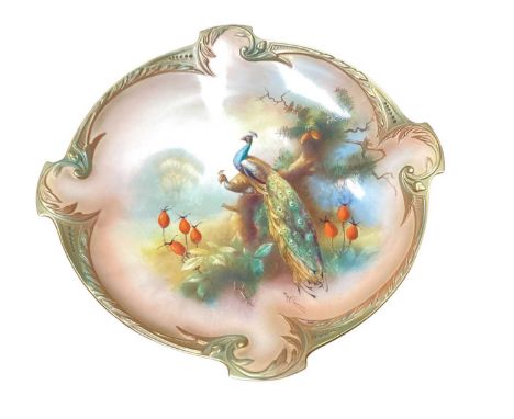 Royal Worcester porcelain cabinet plate with hand painted peacock decoration, signed W. Powell, 26.5cmThe overall condition o