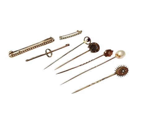 Group of Victorian and later gold/ yellow metal tie pins and bar brooches (8)9ct 'O' bar brooch and smaller seed pearl bar br