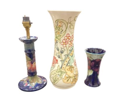 Modern Moorcroft pottery vase, together with a Moorcroft pottery vase (cracked) and a Moorcroft lamp (converted from a candle