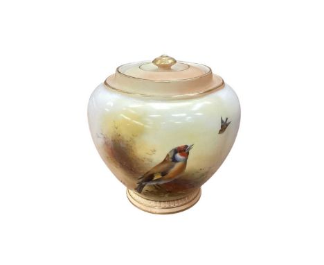 Royal Worcester jar and cover with hand painted birds decoration, signed T Barker, numbered 1314