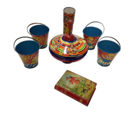Painted tinplate vintage toys including spinning top, drums, tambourine, money box &amp; buckets (1 box)