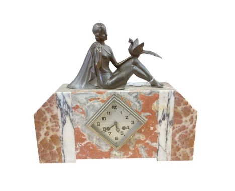 1930's French Art Deco marble mantel clock with silvered Arabic numeral dial, the rouge marble case mounted with bronzed meta