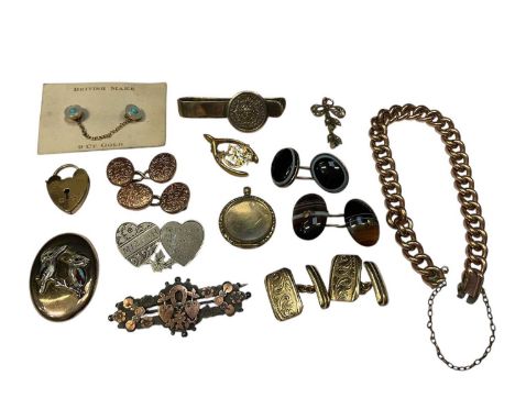 Group of antique and later jewellery including Victorian silver brooches, gold plated cufflinks, two agate cufflinks, gold pl
