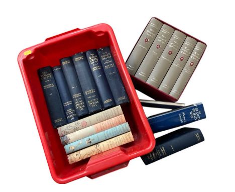 Collection of books relating to Churchill. (1 box)Blue cloth bound World Crisis set comprised of various editions including t