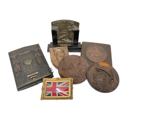 First World War period metal photograph frame dated 1914, together with a similar calendar and group of metal relief plaques 