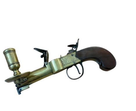Georgian Flintlock tinder lighter by Twigg, London with brass frame, turned candle holder with drip pan, with box lock action
