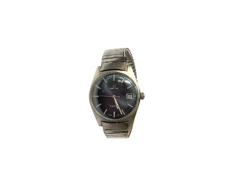 Omega stainless steel wristwatch with navy blue dial, date aperture and baton markers in a stainless steel case, 32mm diamete
