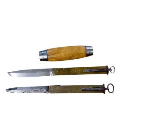 Late 19th century Swedish Barrel knife, with birch wood grip, stamped SWEDEN, and steel end caps, removable hinged blade sign