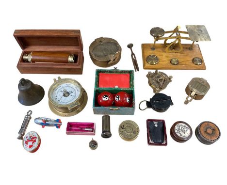Lot modern brass compasses, telescope, postal scales and sundries