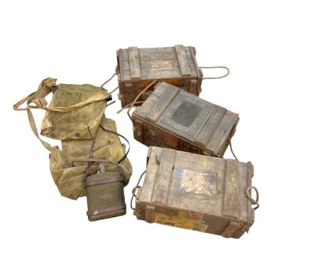 Second World War British military water bottle with cloth covering and leather strap dated 1940, together with three wooden a
