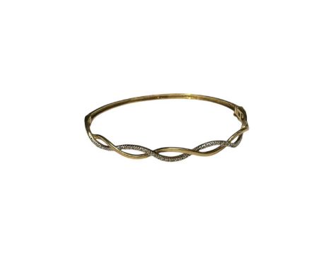 9ct gold diamond set woven hinged bangle, 18cm inner diameter. Total diamond weight 0.10ctsWeight 5.9 grams