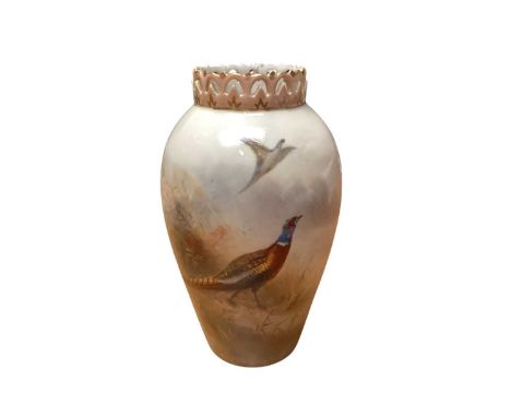 Grainger's Worcester porcelain vase with hand painted pheasant decoration, signed Jas Stinton, 13.5cm highSome restoration to
