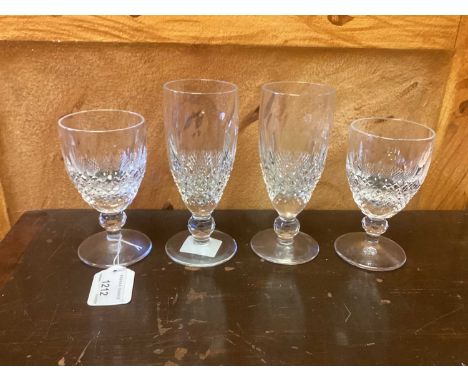 Four Waterford Colleen pattern glasses together with two Waterford crystal vases and a Waterford water carafeTall pair are 15