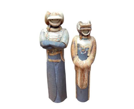 A pair of Geoff Cox Studio Pottery figures of Warrior Crusader Ladies', made at the Christine Cox pottery in York, with origi