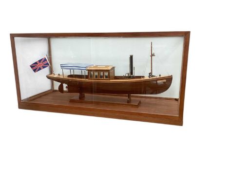 Wooden model of the Thames steamer Elidir, in wooden display case measuring 56cm wide