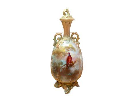 Royal Worcester porcelain vase and cover with hand painted pheasant decoration, 25cm highCover appears to have restoration. O