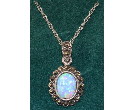 Opal and marcasite pendant necklace stamped 925   Condition Report   Click here for further images, condition, auction times 