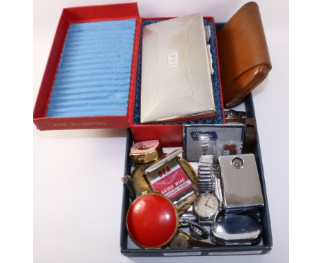 Parker compact lighter, other vintage compacts, lighters, cigarette and cigar cases, 1955 Scarborough stamp folder, torch, Fa