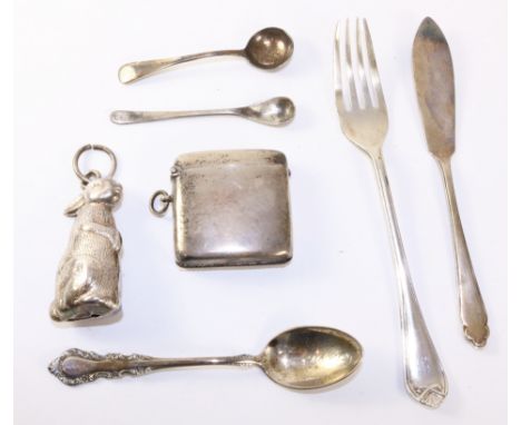 Edwardian silver vesta, flatware all hallmarked and a rabbit rattle stamped silver approx 5oz   Condition Report   Click here