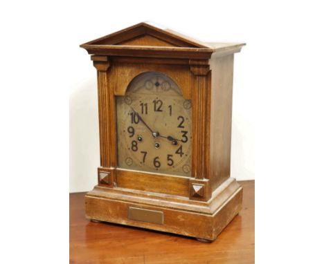 Early 20th century oak mantel clock, architectural case, with 'Junghans' triple train driven chiming movement, H42cm   Condit