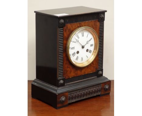 Victorian ebonised and amboyna wood mantel clock, gadroon frieze moulding, bevelled glass bezel (H26cm), and a Victorian slat