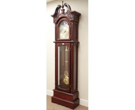 Windsor mahogany longcase clock, 31 day movement chiming the hours and halves on gongs, fluted half column pilasters and fret