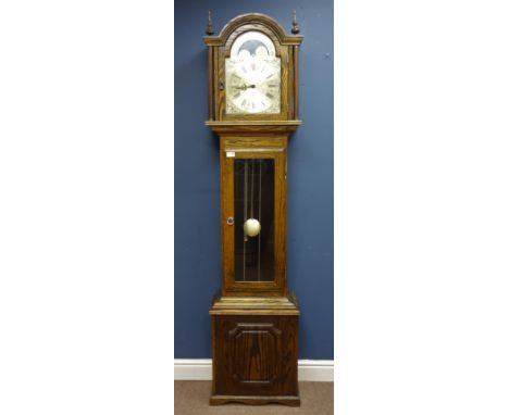 Fenclocks medium oak longcase clock, triple weight driven chiming movement, moonphase dial, H196cm - damaged weights and pend