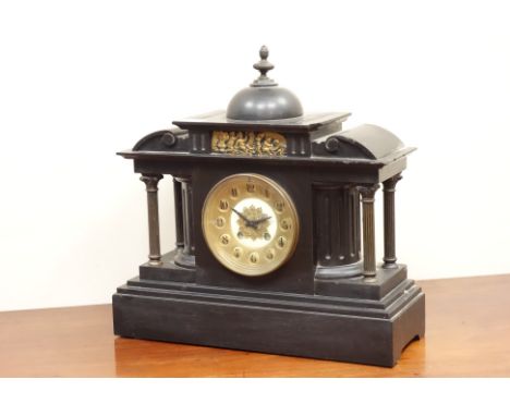 Large 19th century black slate mantel clock and a 19th century ebonised mantel clock   Condition Report   Click here for furt