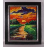 Zuidersma, Arend (Arie) (Emmen 1925-2014) "Drents landschap met ondergaande zon"