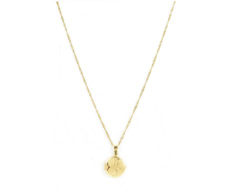 An 18ct yellow gold locket and Singapore chain link necklace, the locket engine turned to the front, 23.3mm x 26.5mm includin